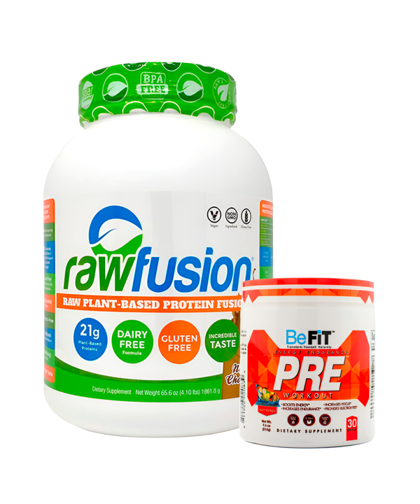 Pack proteina vegetal rawfusion + pre entreno be fit