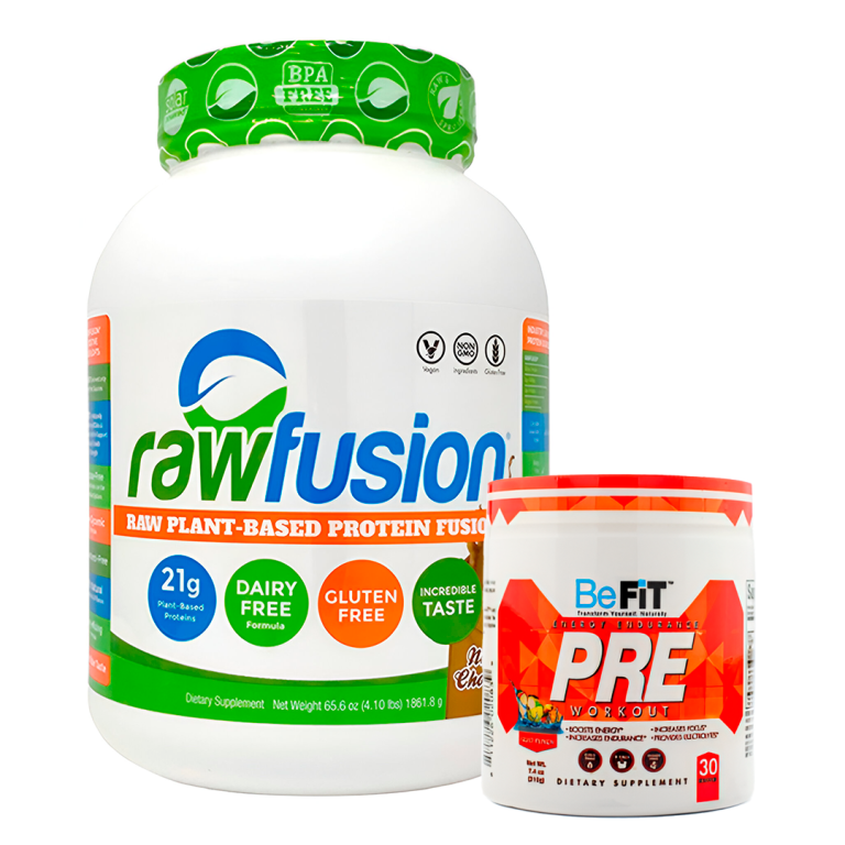 Pack proteina vegetal rawfusion + pre entreno be fit