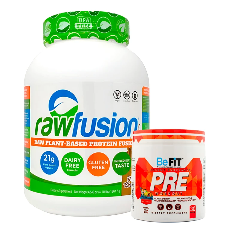 Pack proteina vegetal rawfusion + pre entreno be fit